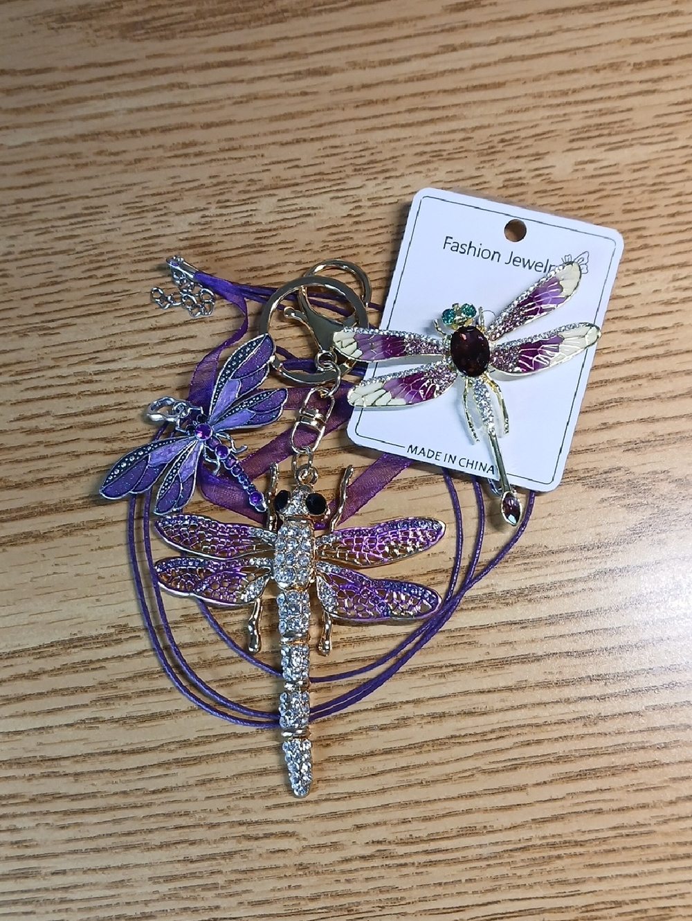 NWOT 3PC Purple Dragonfly Set 1 Keychain 1 Necklace 1 Brooch